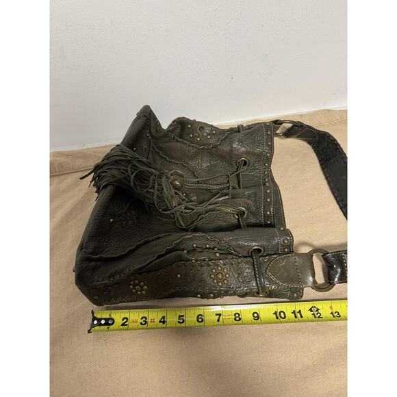 Jamie Drake Hobo Shoulder Bag Womens Olive Green Leather Drawstring Tassel Boho - Picture 13 of 14